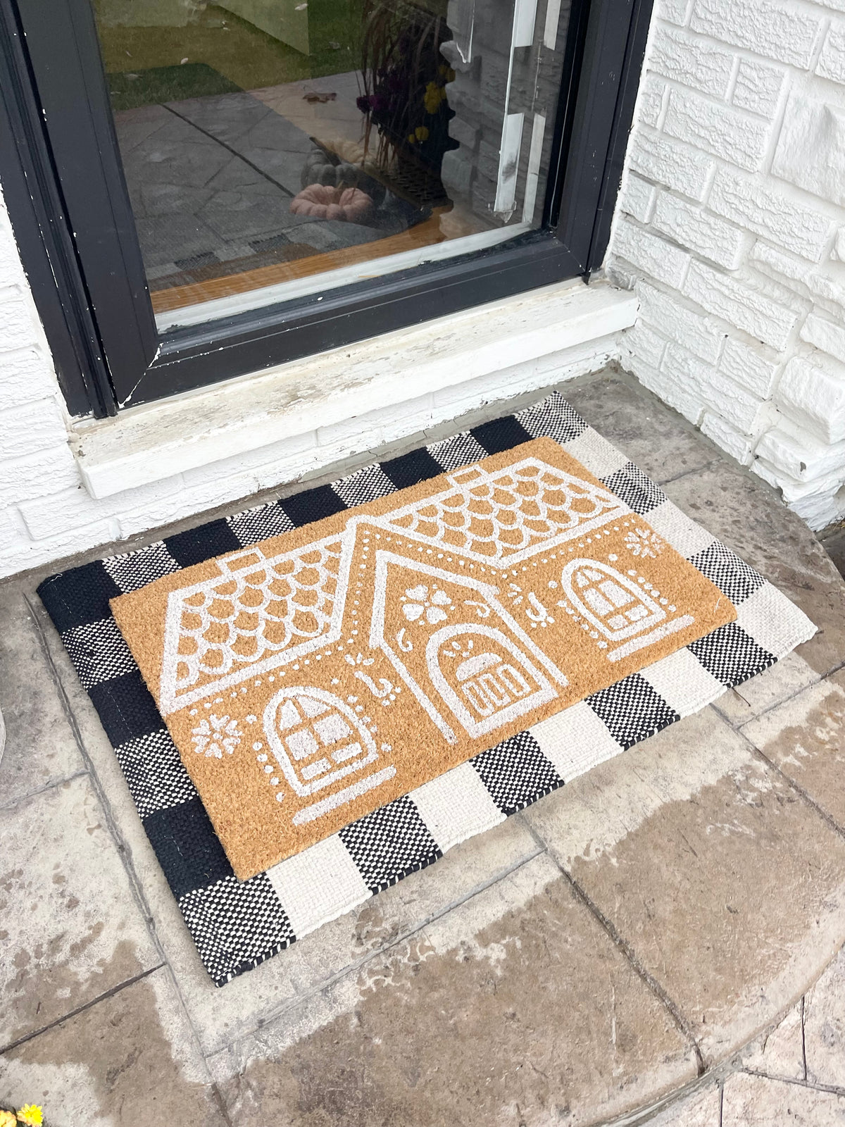 Gingerbread House Husk Mat with Buffalo Plaid Doormat Underlay - The Scented Market