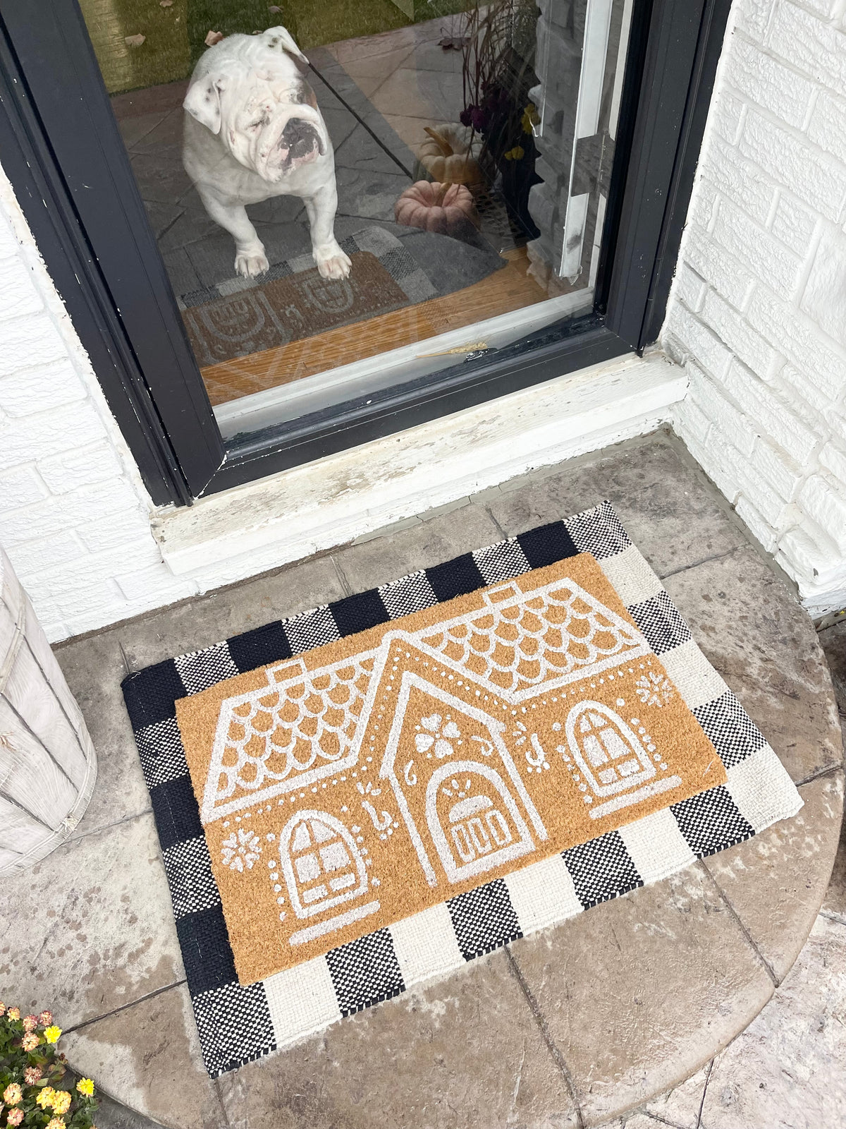 Gingerbread House Husk Mat with Buffalo Plaid Doormat Underlay - The Scented Market