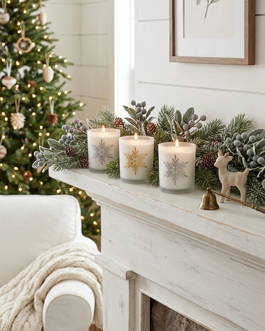 Three lit white pillar candles with gold and silver snowflake designs are displayed on a white fireplace mantel decorated with green pine garlands, a small wooden reindeer figurine, and a brass bell. A cozy white armchair with a cream knit throw blanket and a decorated Christmas tree are visible in the background.