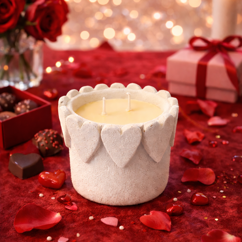 Candle in a heart-shaped container surrounded by red roses, chocolates, and gift boxes on a festive background.