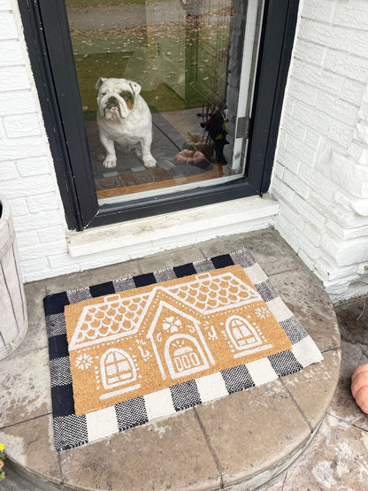 Gingerbread House Husk Mat with Buffalo Plaid Doormat Underlay - The Scented Market     