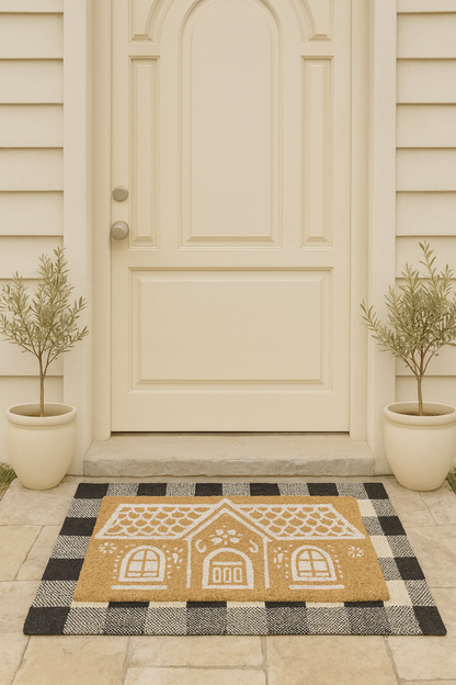 Gingerbread House Husk Mat with Buffalo Plaid Doormat Underlay - The Scented Market     