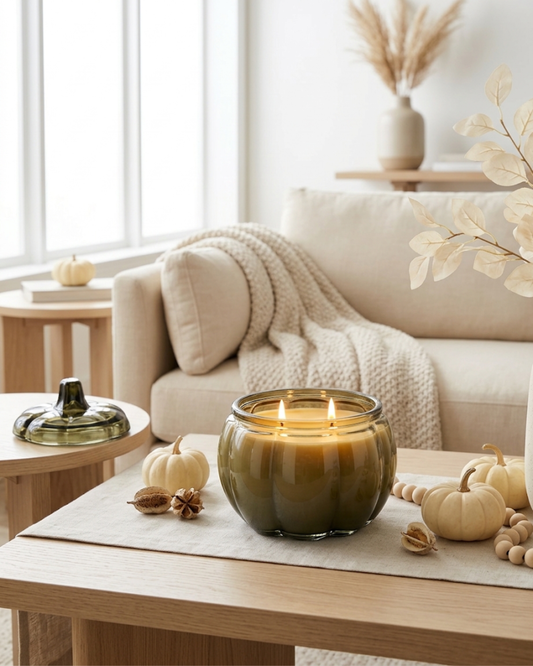 GREEN Large Glass Pumpkin 2 Wick Soy Wax Candle | PUMPKIN SPICE CAKE