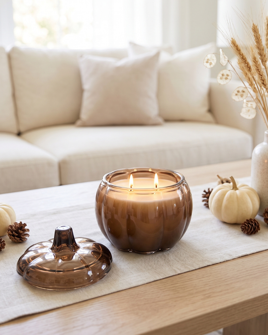 BROWN Large Glass Pumpkin 2 Wick Soy Wax Candle | PUMPKIN SPICE CAKE