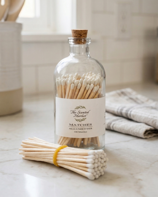 Matches in a glass bottle with cork lid on a marble surface